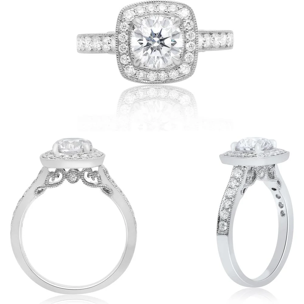 Roman & Jules - 14K White Gold Four Prong Halo Engagement Ring with 0.49 Carat Total Round Diamonds