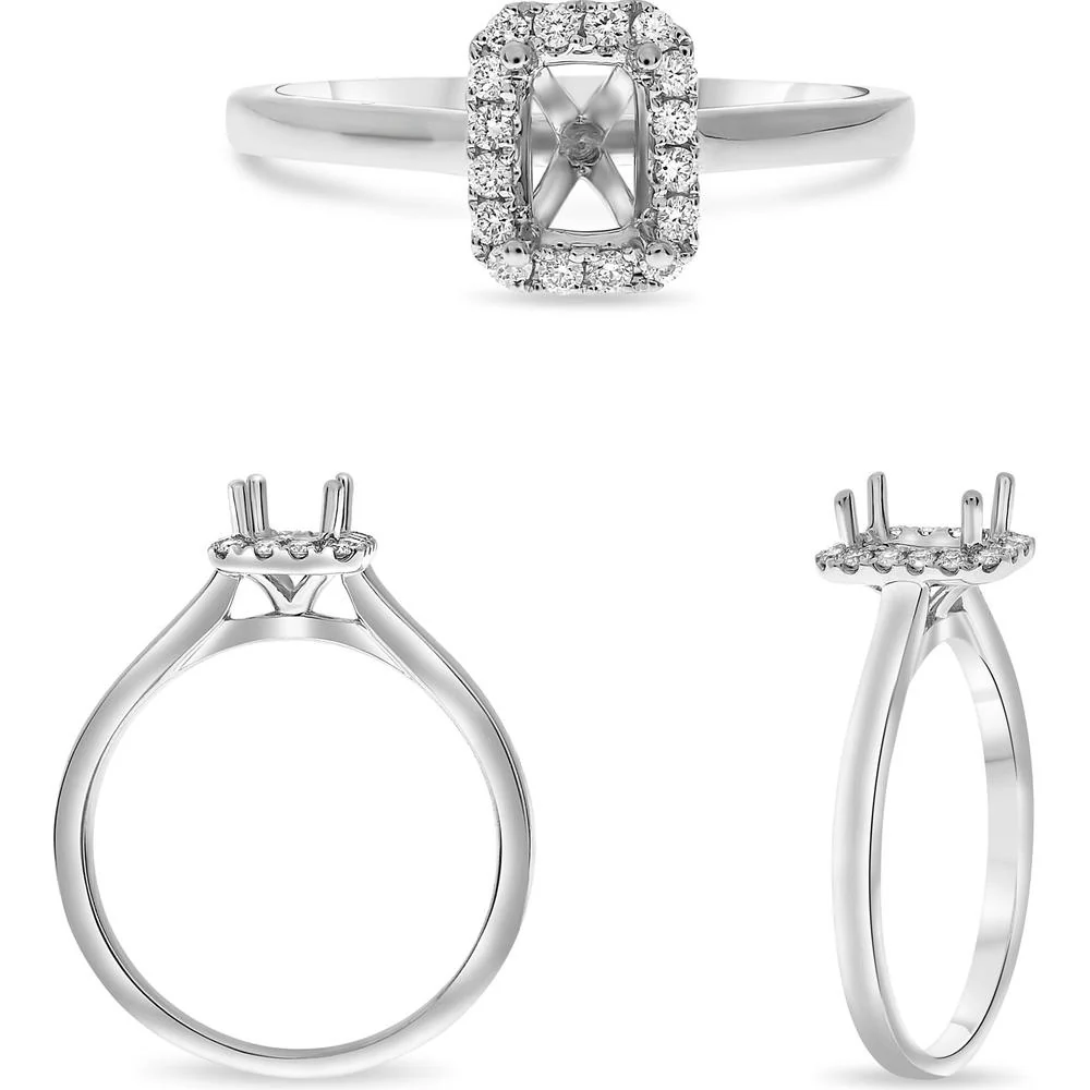 Roman & Jules - 14K White Gold Four Prong Halo Engagement Ring with Round Diamond - 0.13 Carat Total Diamond Weight