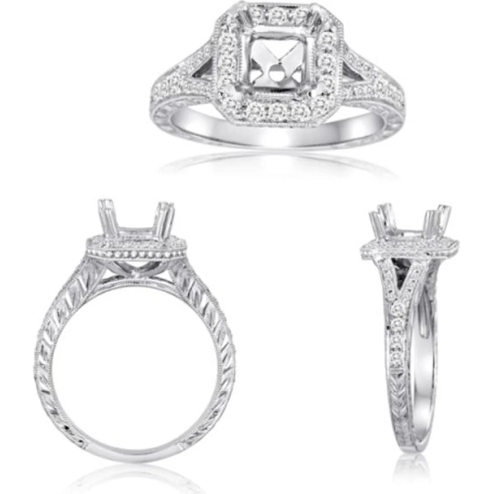 Roman & Jules - 14K White Gold Four Prong Halo Engagement Ring with Round Diamond - 0.41 Carat Total Diamond Weight