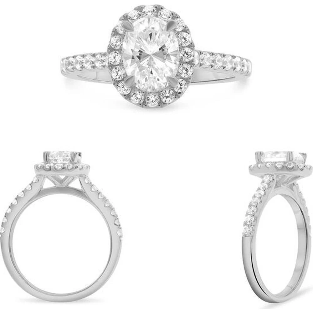 Roman & Jules - 14K White Gold Four Prong Halo Engagement Ring with Round Diamond - 0.50 Carat Total Diamond Weight