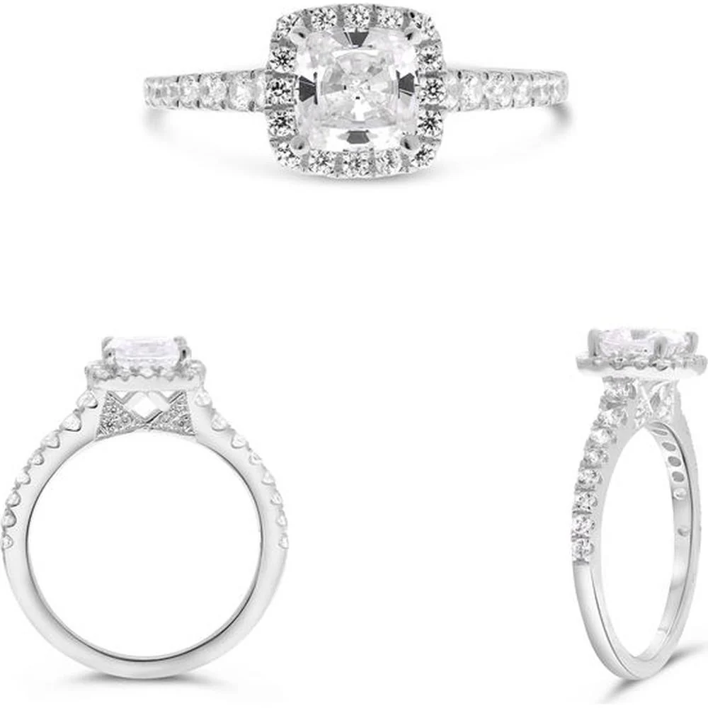 Roman & Jules - 14K White Gold Four Prong Halo Engagement Ring with Round Diamond - 0.52 Carat Total Diamond Weight