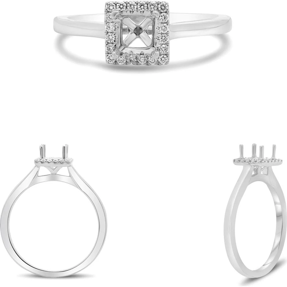 Roman & Jules - 14K White Gold Four Prong Halo Engagement Ring with Round Diamonds - 0.12 Carat Total Diamond Weight