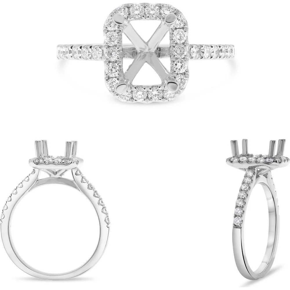 Roman & Jules - 14K White Gold Four Prong Halo Engagement Ring with Round Diamonds - 0.58 Carat Total Diamond Weight