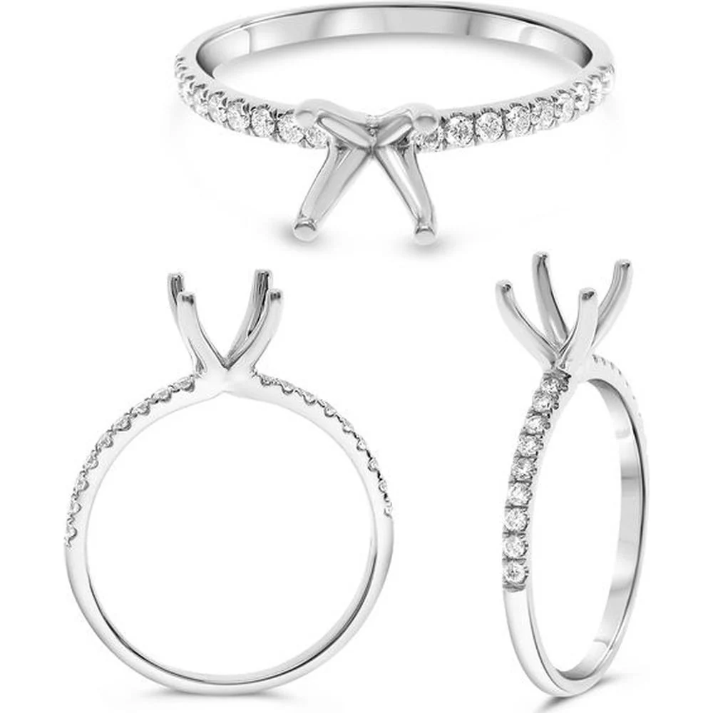 Roman & Jules - 14K White Gold Four Prong Semi-Mount Engagement Ring with Micropavé Diamonds - 0.17 Carat Total Diamond Weight