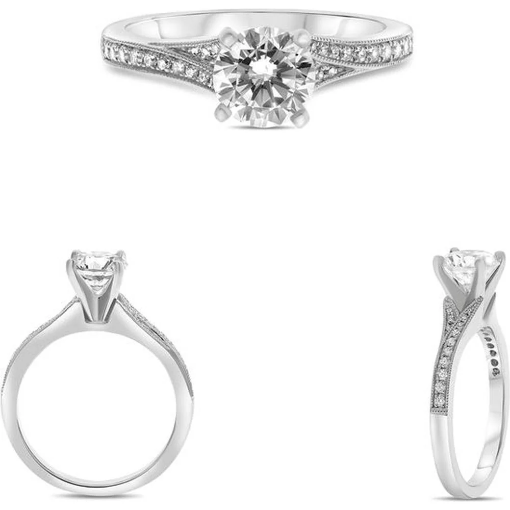 Roman & Jules - 14K White Gold Four Prong Semi Mount Ring with 0.13 CTW Round Diamonds - Vintage Inspired Design