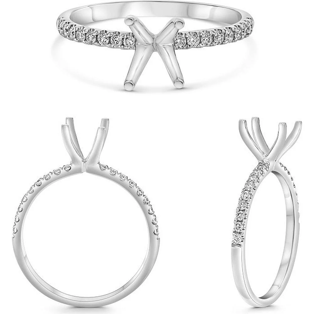 Roman & Jules - 14K White Gold Four Prong Semi-Mount with Pave Diamonds - 0.17 Carat Total Diamond Weight