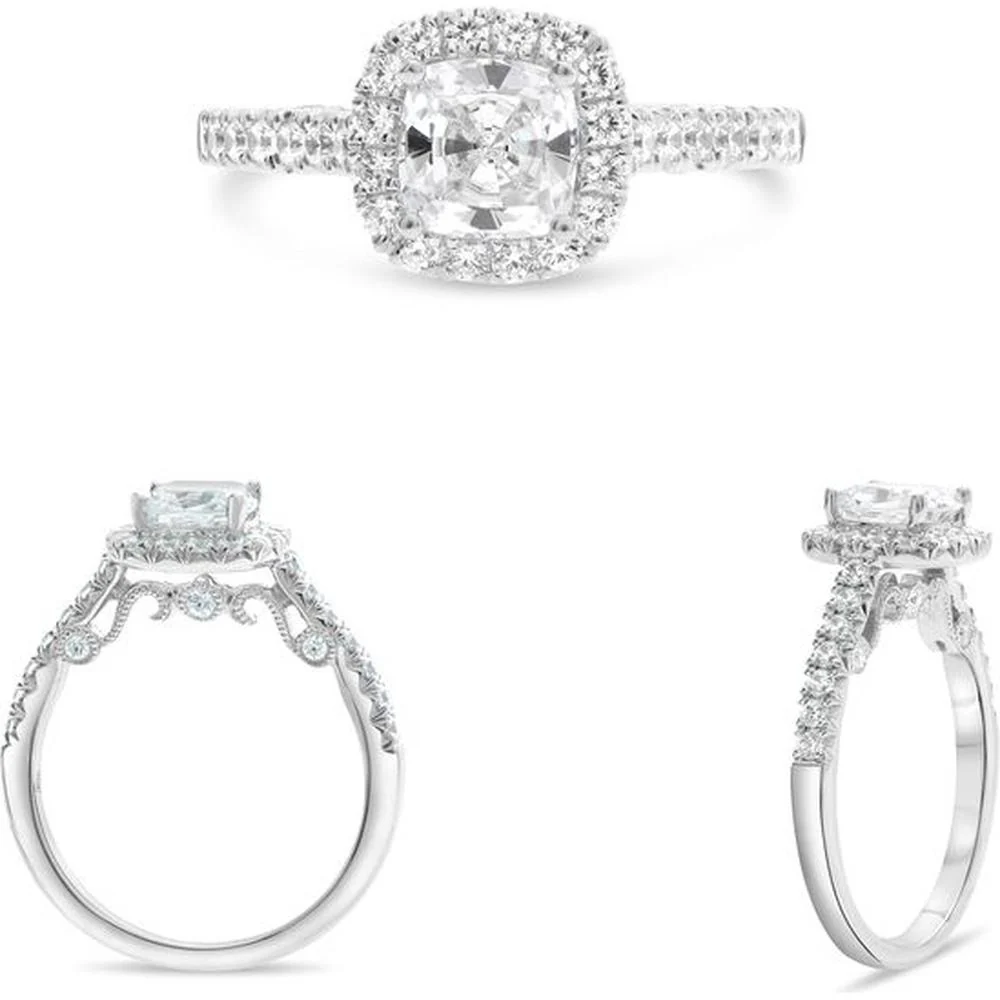 Roman & Jules - 14K White Gold French Pave Halo Engagement Setting with 0.50 Carat Round Diamonds