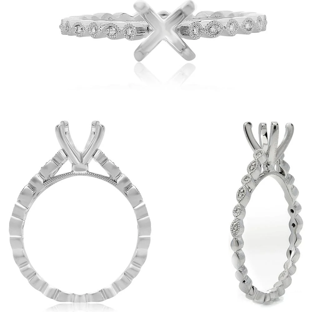 Roman & Jules - 14K White Gold Geometric Four Prong Engagement Ring with Round Diamonds - 0.16 Carat Total Diamond Weight
