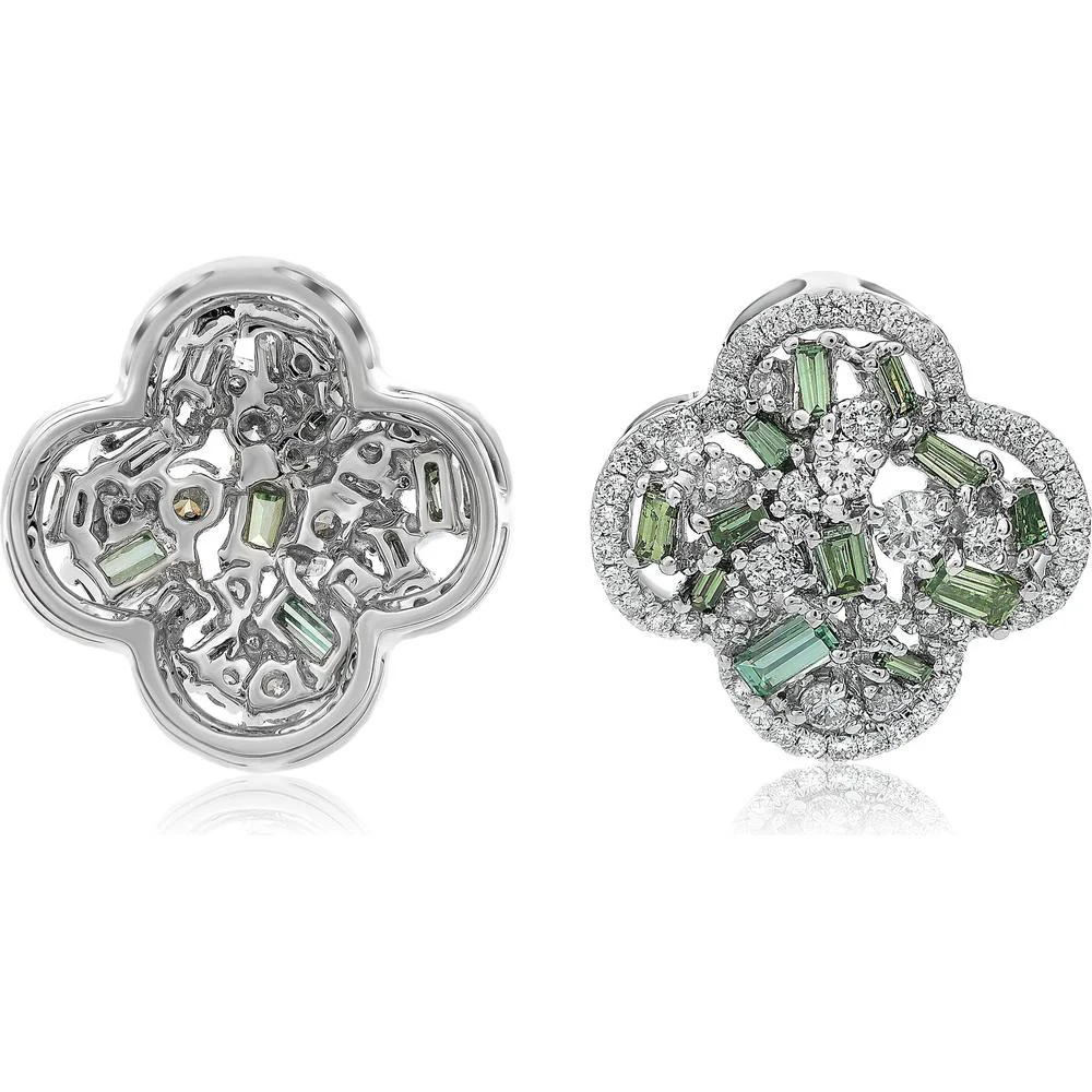 Roman & Jules - 14K White Gold Green Diamond Cluster Quatrefoil Earrings with Round and Baguette Diamonds - 1.20 Carat Total Diamond Weight