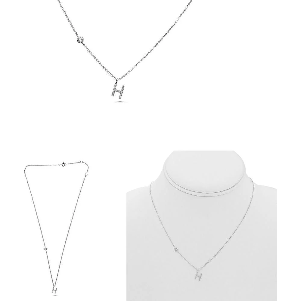 Roman & Jules - 14K White Gold "H" Pendant Necklace with Round Diamonds - 0.09 Carat Total Diamond Weight