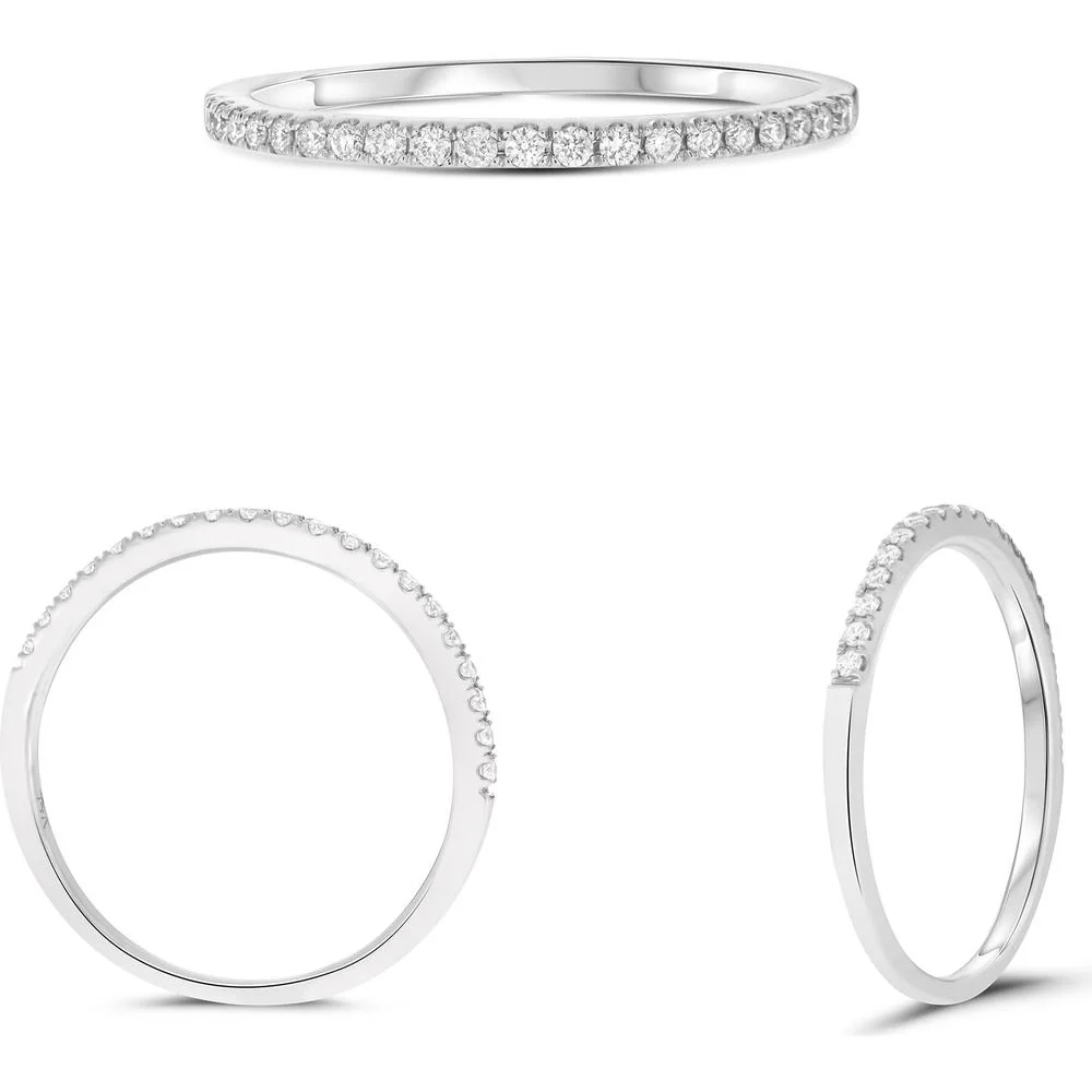 Roman & Jules - 14K White Gold Half Pave Band with Round Diamonds - 0.15 Carat Total Diamond Weight