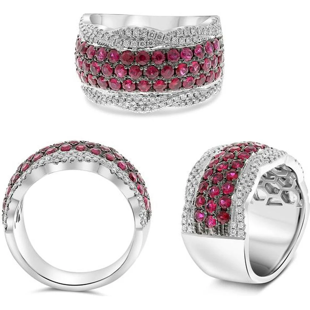 Roman & Jules - 14K White Gold Halfway Ruby and Diamond Band - 1.94 Carat Total Gem Weight