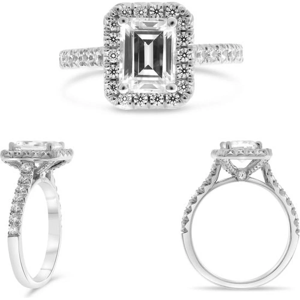 Roman & Jules - 14K White Gold Halo Engagement Ring with Emerald-Cut Center Stone and Round Diamonds - 1.00 Carat Total Diamond Weight