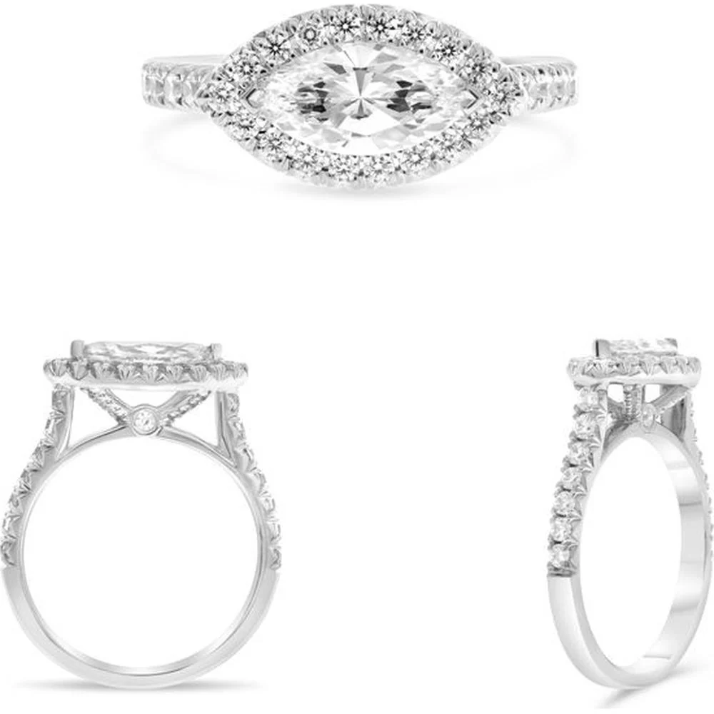 Roman & Jules - 14K White Gold Halo Engagement Ring with Emerald Cut Diamond - 0.53 Carat Total Diamond Weight