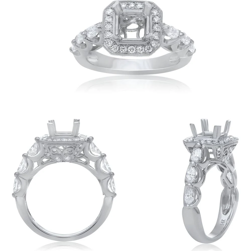 Roman & Jules - 14K White Gold Halo Engagement Ring with Marquise and Round Diamonds - 0.80 Carat Total Diamond Weight