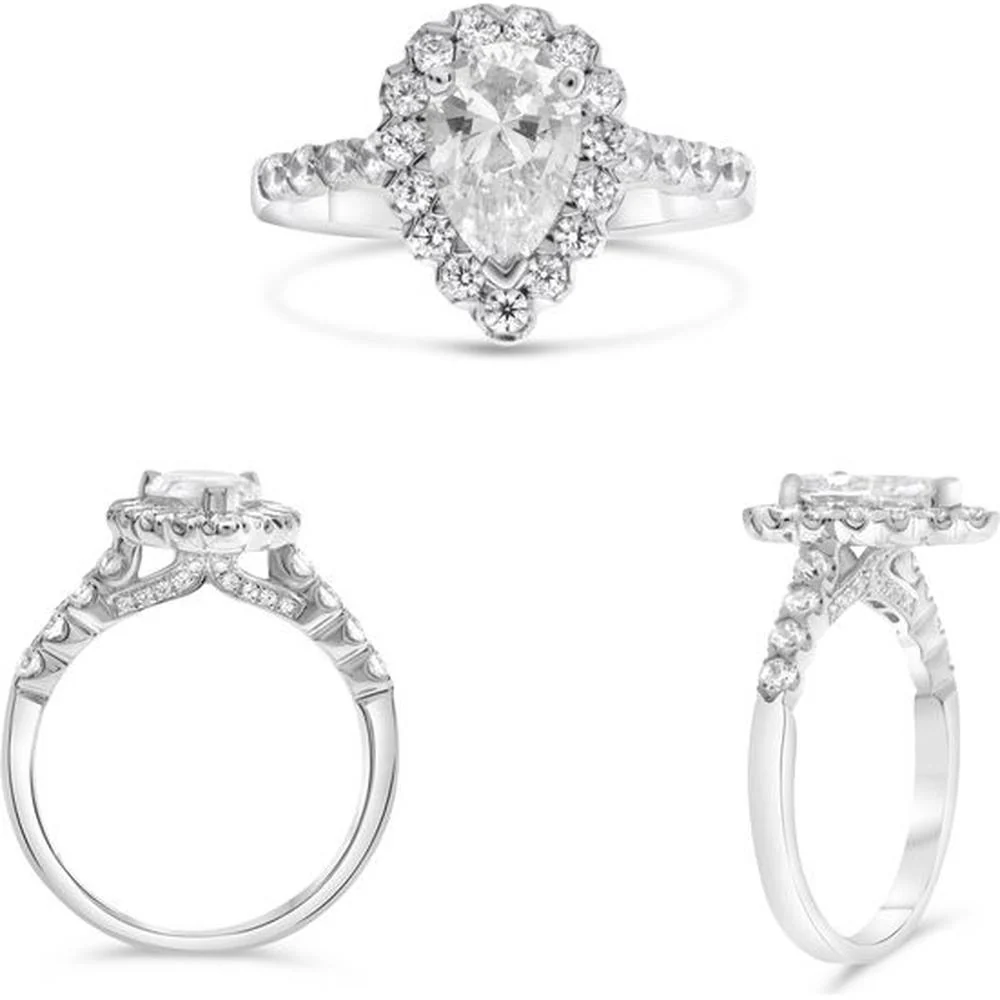 Roman & Jules - 14K White Gold Halo Engagement Ring with Pear-Shaped Diamond - 0.66 Carat Total Diamond Weight