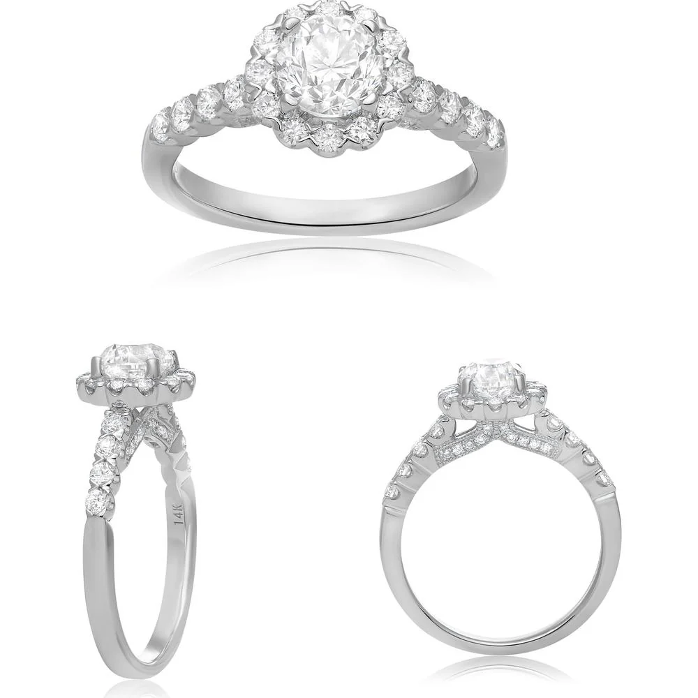 Roman & Jules - 14K White Gold Halo Engagement Ring with Round Diamond - 0.60 Carat Total Diamond Weight