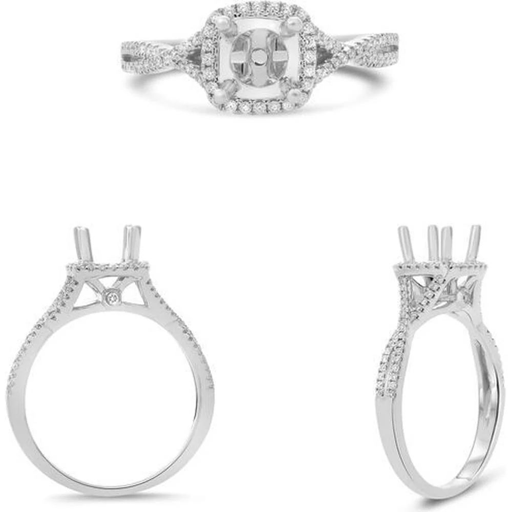 Roman & Jules - 14K White Gold Halo Engagement Ring with Round Diamond and Twist Shank - 0.23 Carat Total Diamond Weight