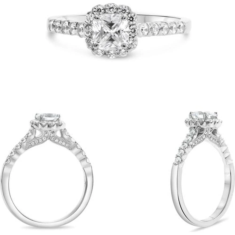 Roman & Jules - 14K White Gold Halo Engagement Ring with Round Diamonds - 0.45 Carat Total Diamond Weight