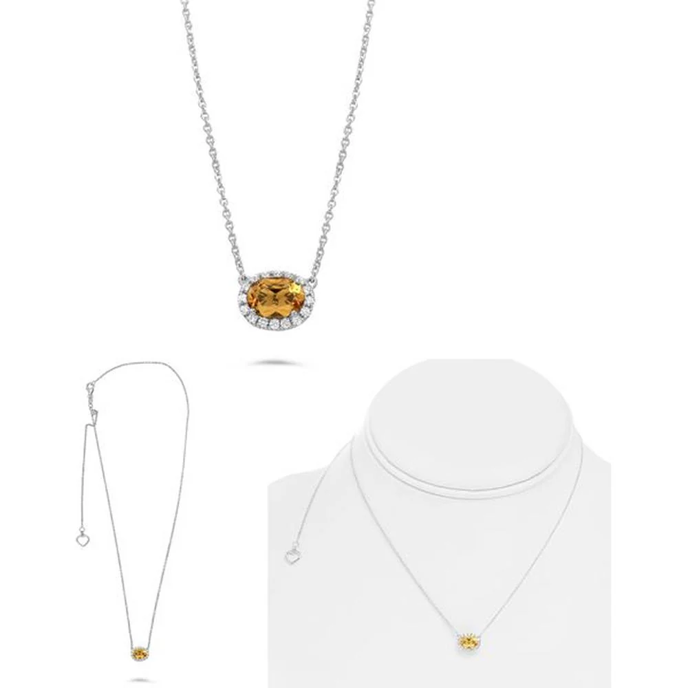Roman & Jules - 14K White Gold Halo Pendant Necklace with Citrine and Round Diamonds - 0.12 Carat Total Diamond Weight