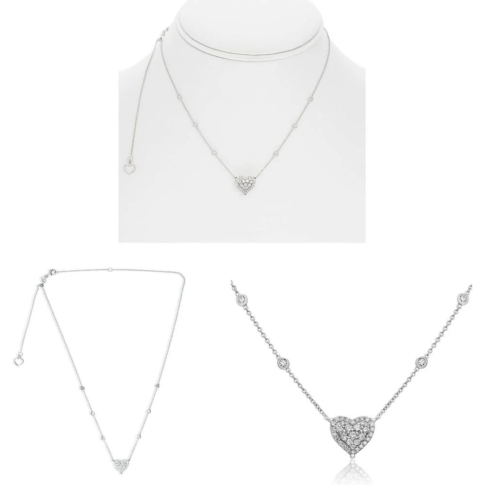 Roman & Jules - 14K White Gold Heart Necklace with Cluster Set Round Diamonds - 0.58 Carat Total Diamond Weight