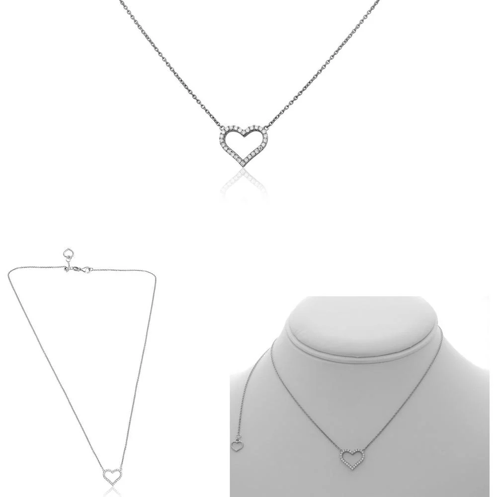 Roman & Jules - 14K White Gold Heart Pendant Necklace with Micropavé Set Round Diamonds - 0.20 Carat Total Diamond Weight