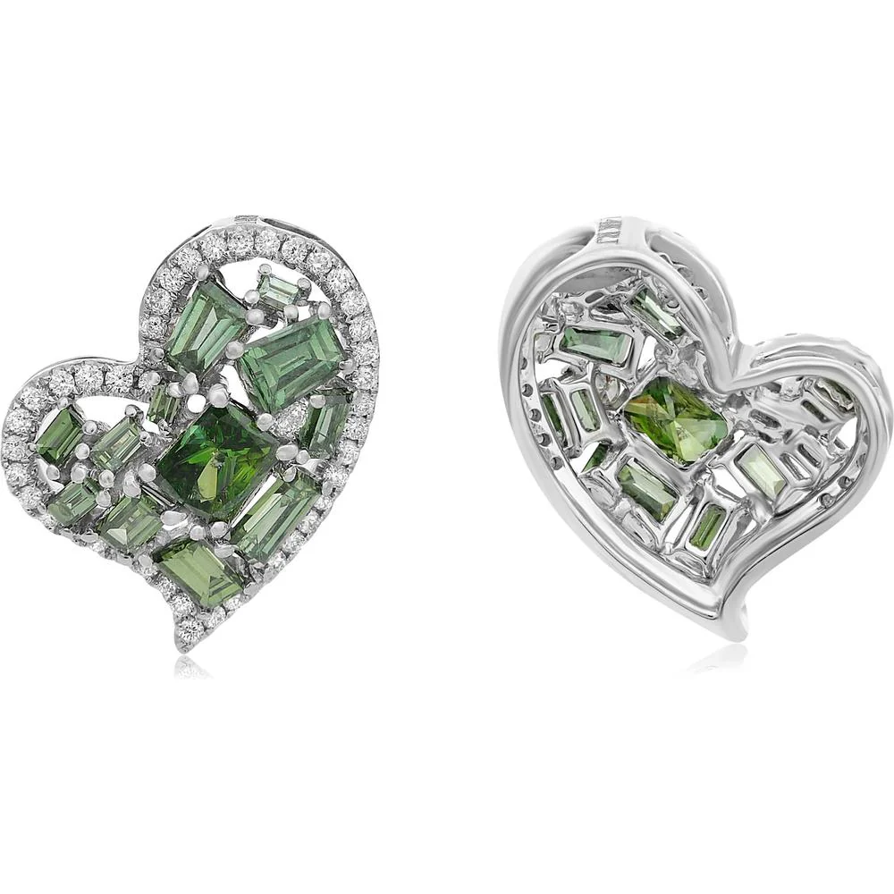 Roman & Jules - 14K White Gold Heart Shaped Earrings with Baguette and Round Green and White Diamonds - 1.64 Carat Total Diamond Weight