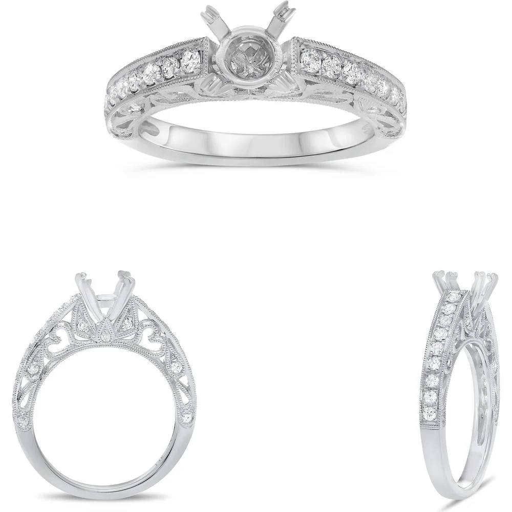 Roman & Jules - 14K White Gold Hidden Heart Pave Shank Engagement Setting with 0.48 Carat Round Diamonds