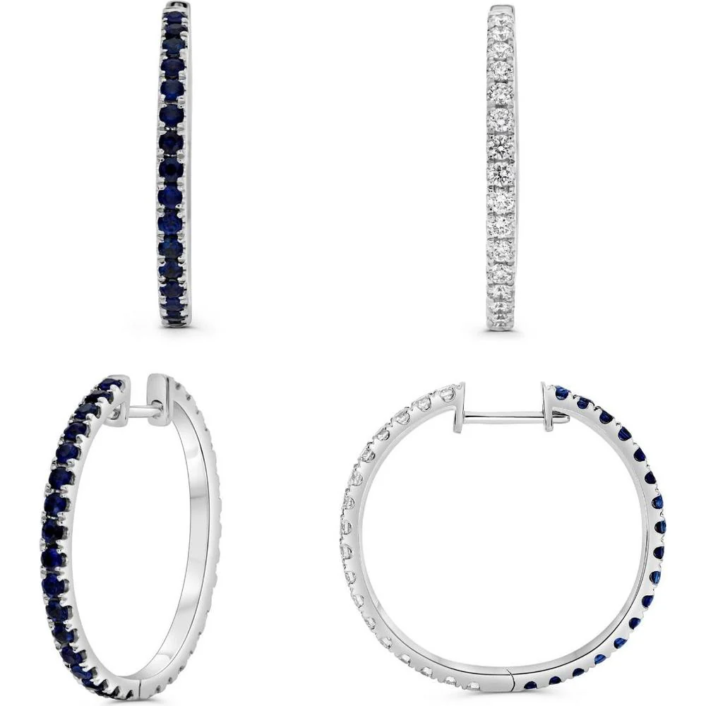 Roman & Jules - 14K White Gold Hoop Earrings with 1.10 Carat Total Sapphire and 0.90 Carat Total Round Diamond
