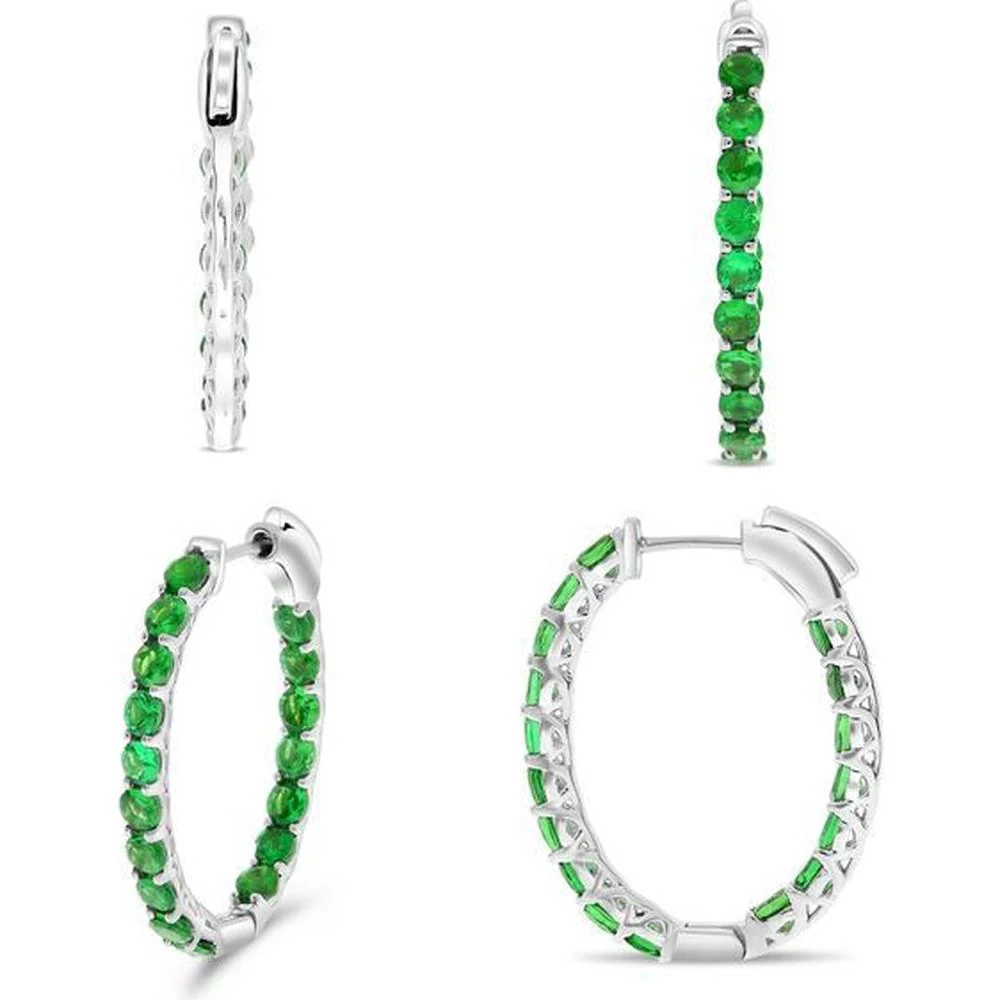 Roman & Jules - 14K White Gold Hoop Earrings with 2.80 Carat Tsavorite Garnets - Vibrant Green Gemstone Hoops