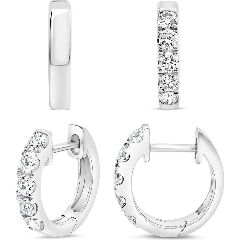 Roman & Jules - 14K White Gold Hoop Earrings with 5-Prong Set Round Diamonds - 1.0 Carat Total Diamond Weight