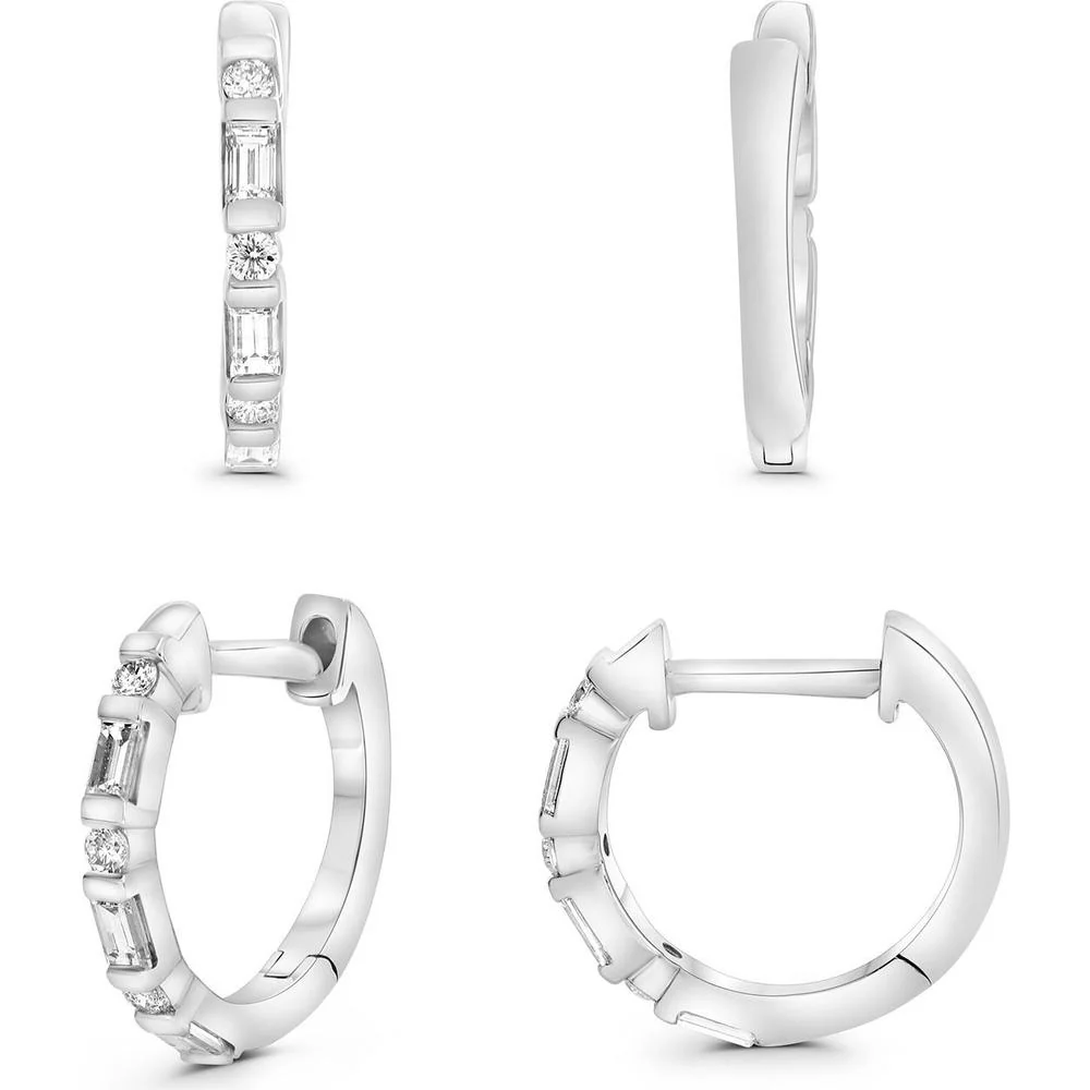 Roman & Jules - 14K White Gold Hoop Earrings with Round and Baguette Diamonds - 0.34 Carat Total Diamond Weight