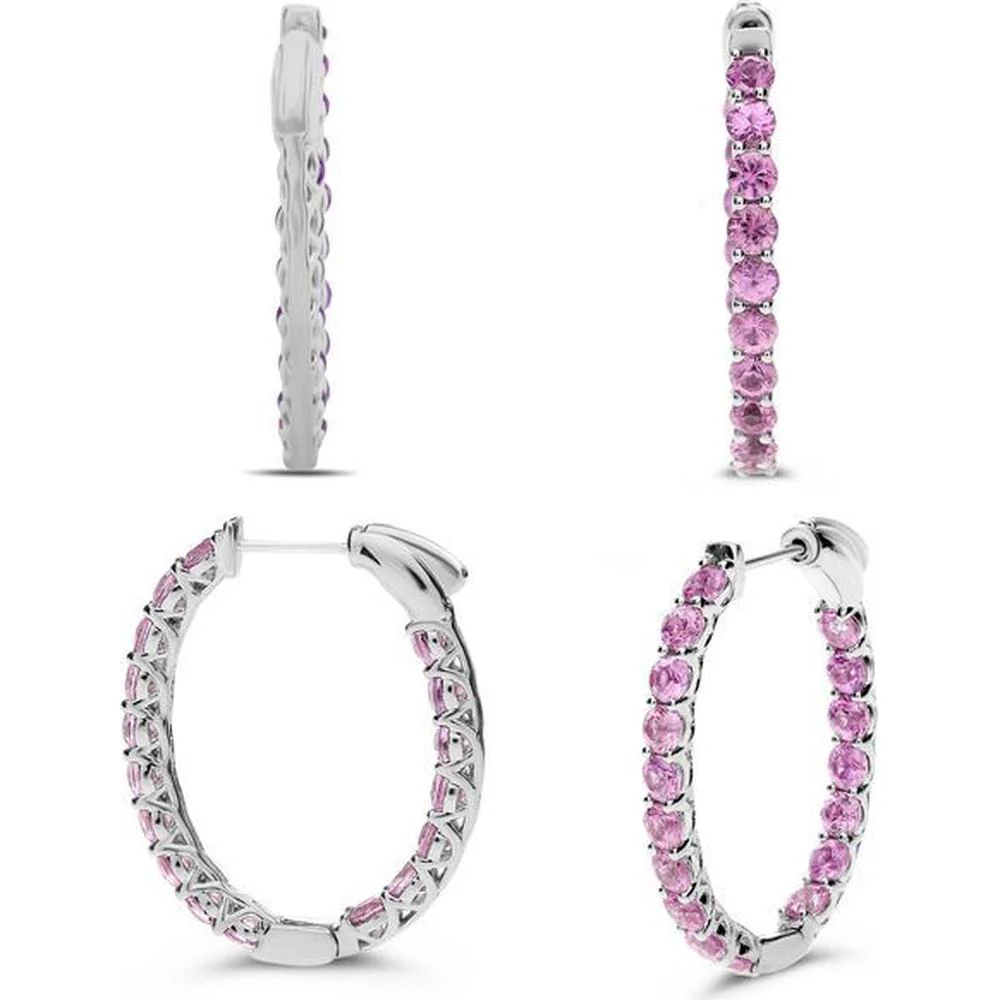Roman & Jules - 14K White Gold Hoop Earrings with Round Pink Sapphires - 1.00 Carat Total Pink Sapphire Weight