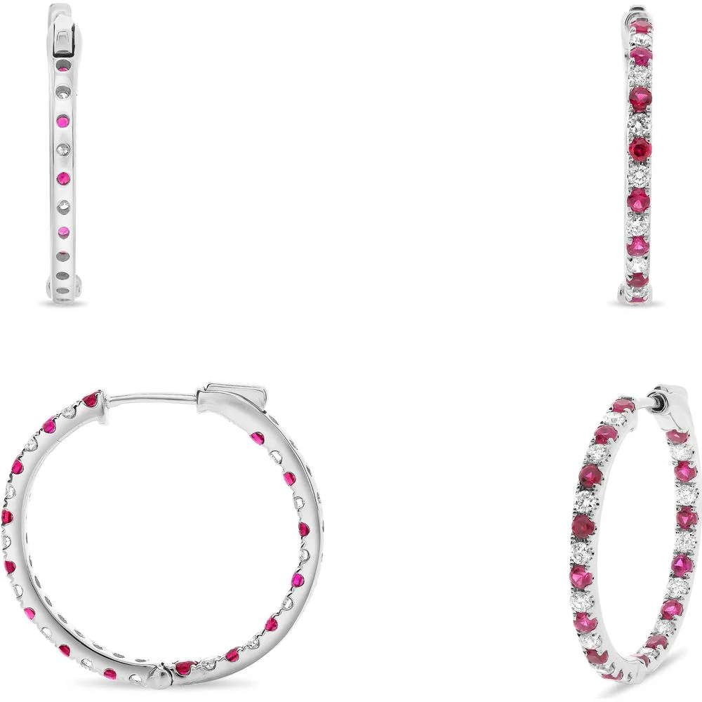 Roman & Jules - 14K White Gold Hoop Earrings with Round Rubies and Diamonds - 0.72 Carat Total Ruby Weight