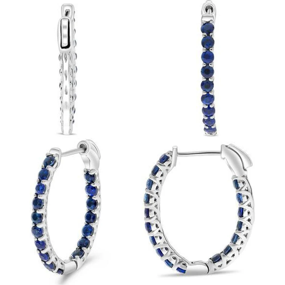 Roman & Jules - 14K White Gold Hoop Earrings with Round Sapphires - 0.75 Carat Total Sapphire Weight