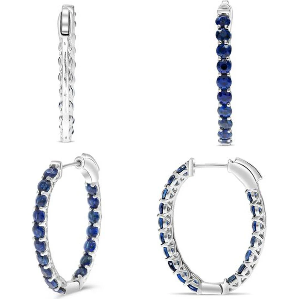 Roman & Jules - 14K White Gold Hoop Earrings with Round Sapphires - 2.80 Carat Total Sapphire Weight