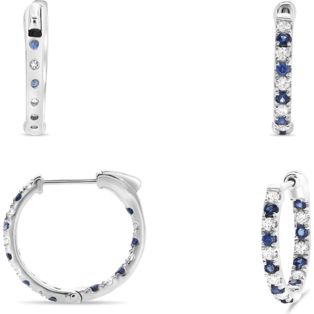 Roman & Jules - 14K White Gold Hoop Earrings with Round Sapphires and Diamonds - 0.25 Carat Total Sapphire Weight, 0.39 Carat Total Diamond Weight