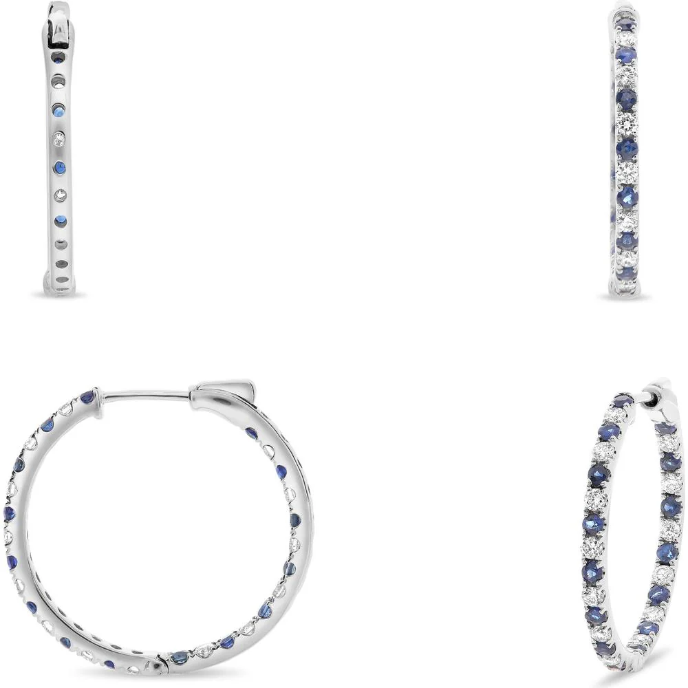 Roman & Jules - 14K White Gold Hoop Earrings with Round Sapphires and Diamonds - 0.72 Carat Total Sapphire Weight, 0.45 Carat Total Diamond Weight