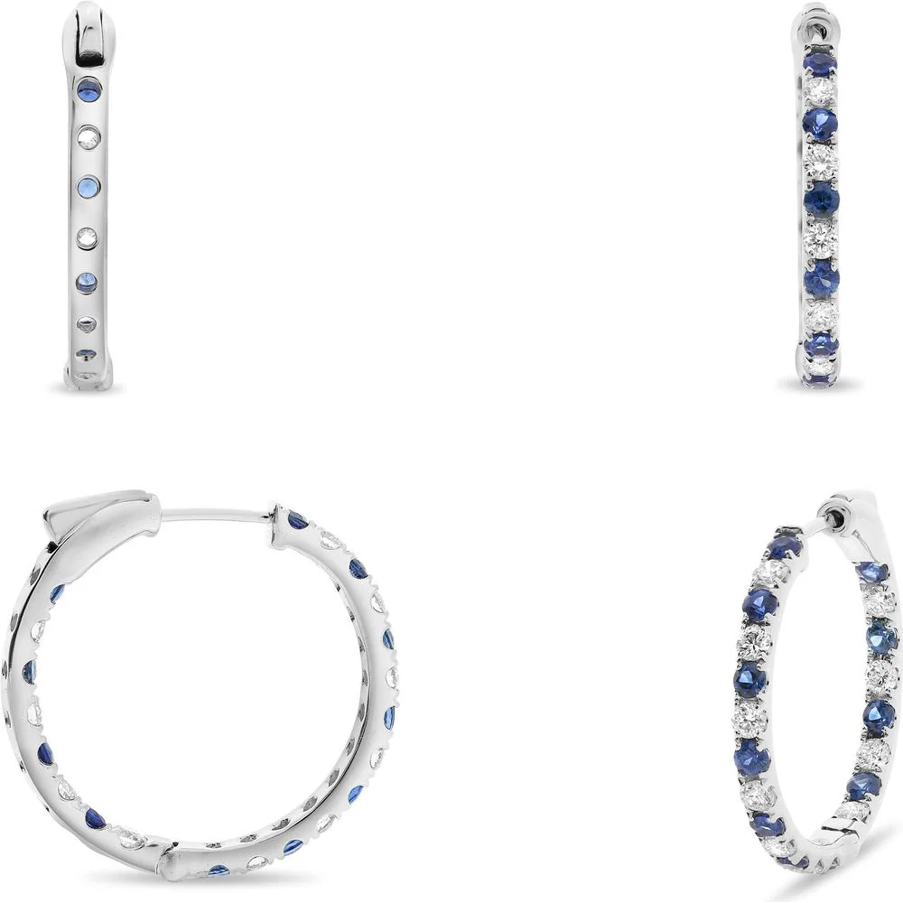 Roman & Jules - 14K White Gold Hoop Earrings with Round Sapphires in Micropavé Setting - 1.05 Carat Total Sapphire Weight
