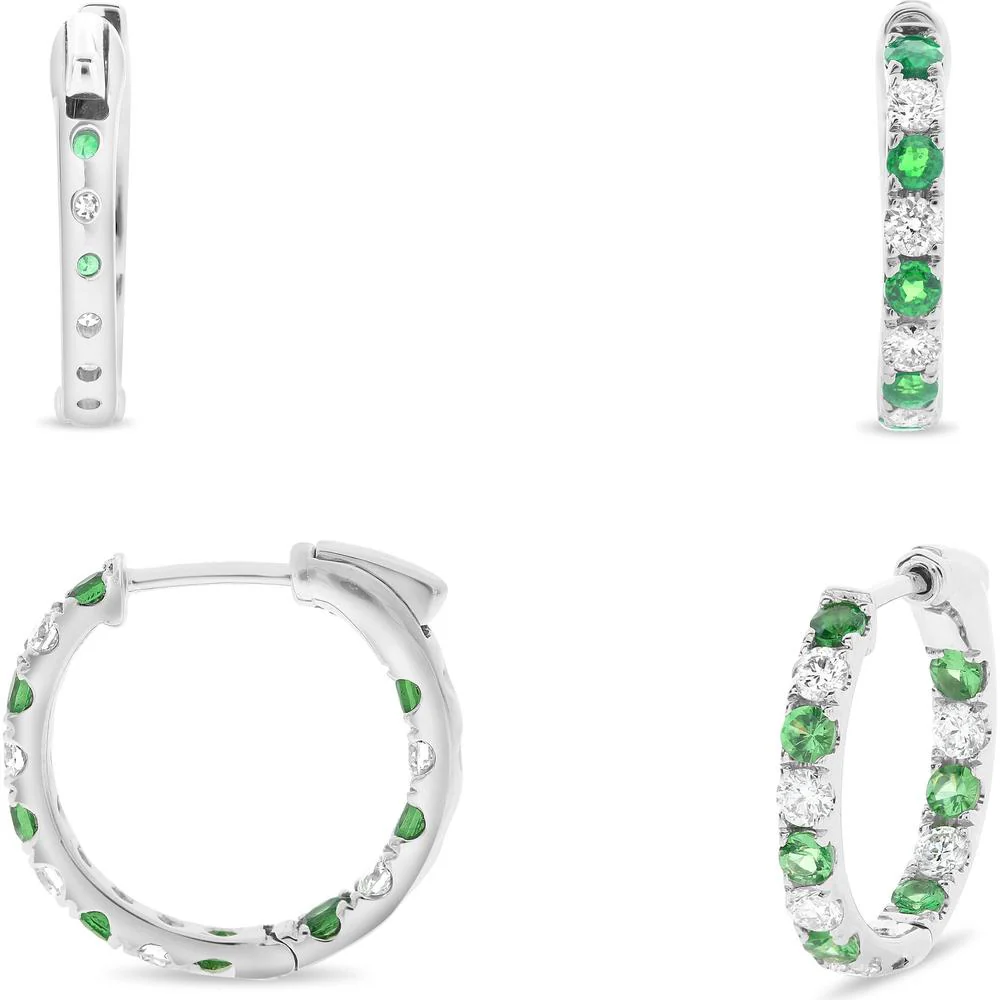 Roman & Jules - 14K White Gold Hoop Earrings with Round Tsavorite and Diamond Micropavé Setting - 1.3 Carat Total Gem Weight