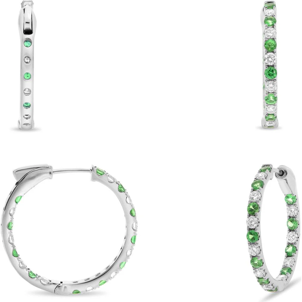 Roman & Jules - 14K White Gold Hoop Earrings with Round Tsavorite and Diamonds - 0.90 Carat Total Gem Weight