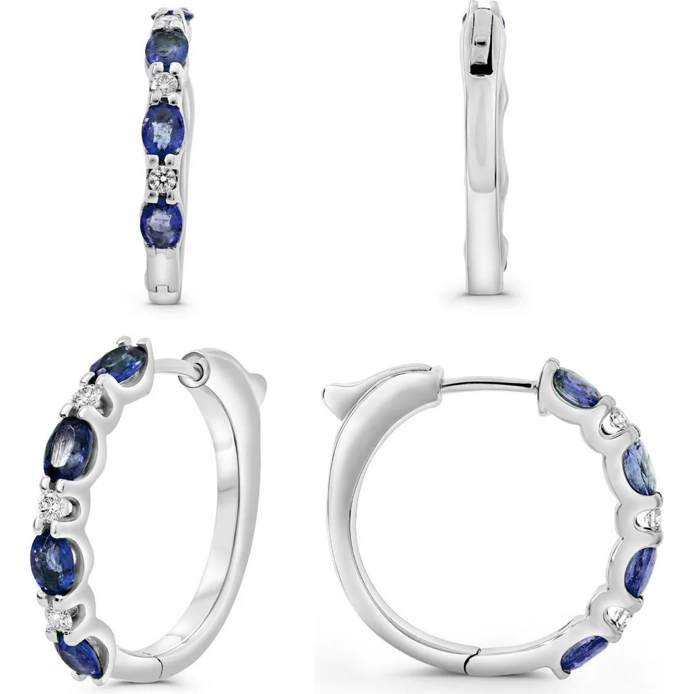 Roman & Jules - 14K White Gold Hoop Earrings with Sapphire and Round Diamonds - 1.75 Carat Total Sapphire Weight