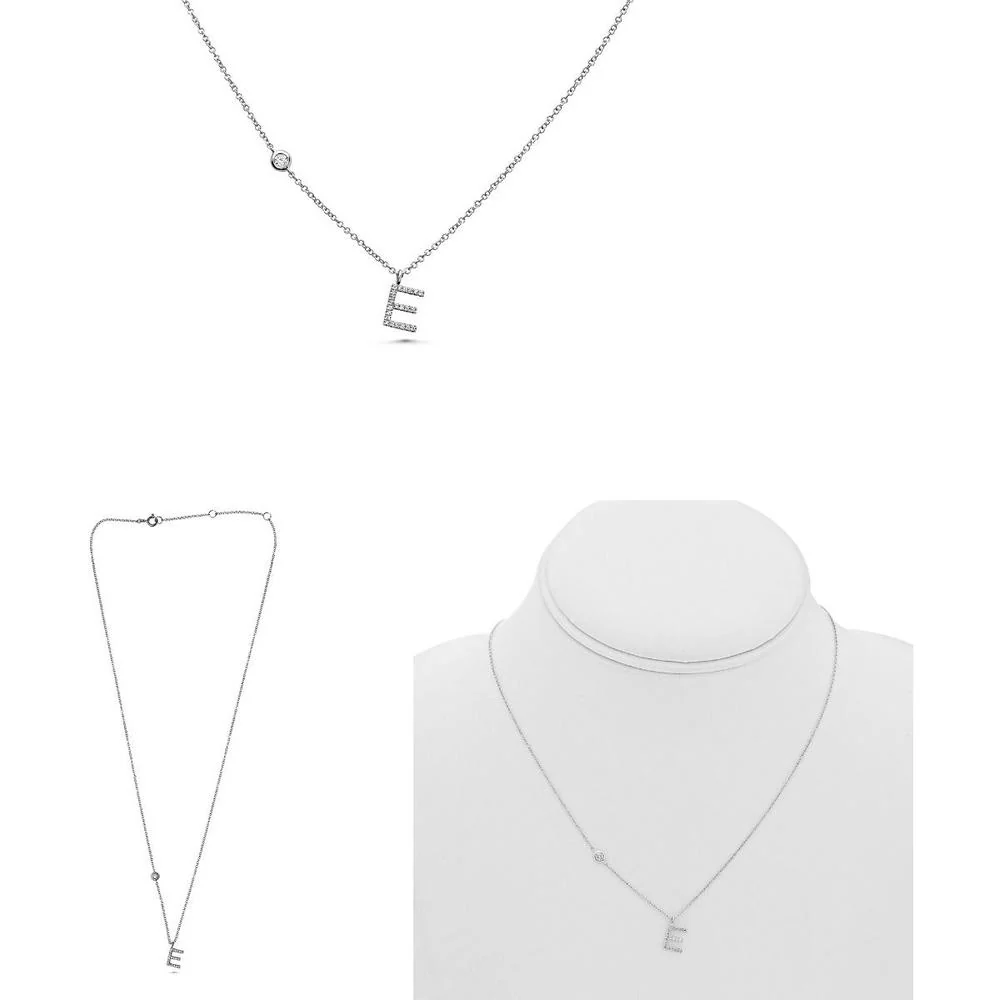 Roman & Jules - 14K White Gold Initial "E" Necklace with 0.10 Carat Total Round Diamonds in Micropavé Setting