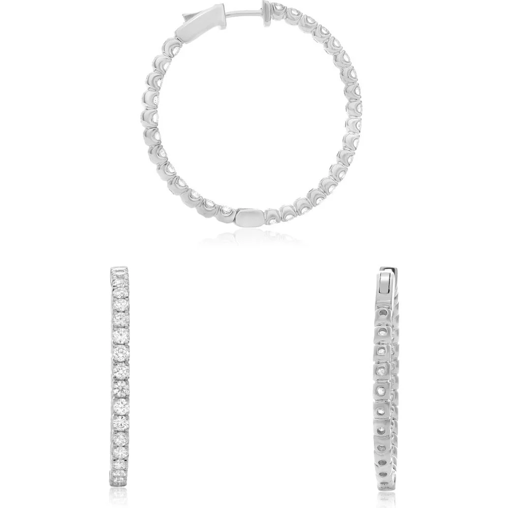 Roman & Jules - 14K White Gold Large Hoop Earrings with Round Prong Set Diamonds - 2.91 Carat Total Diamond Weight