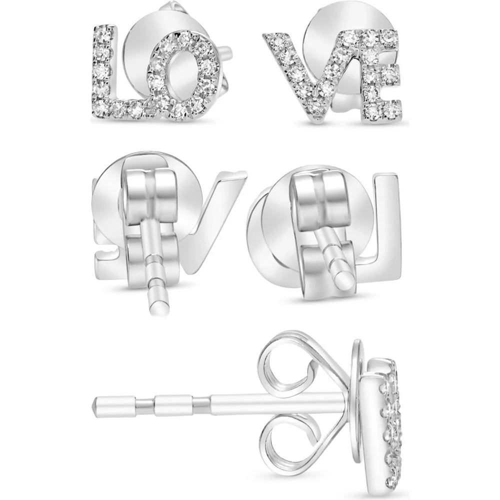 Roman & Jules - 14K White Gold LOVE Stud Earrings with Round Diamonds - 0.09 Carat Total Diamond Weight