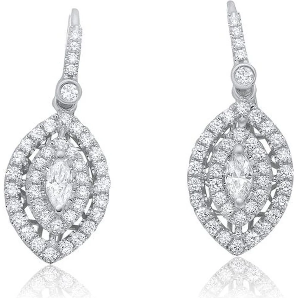 Roman & Jules - 14K White Gold Marquise and Round Diamond Earrings with Double Halo - 1.28 Carat Total Diamond Weight