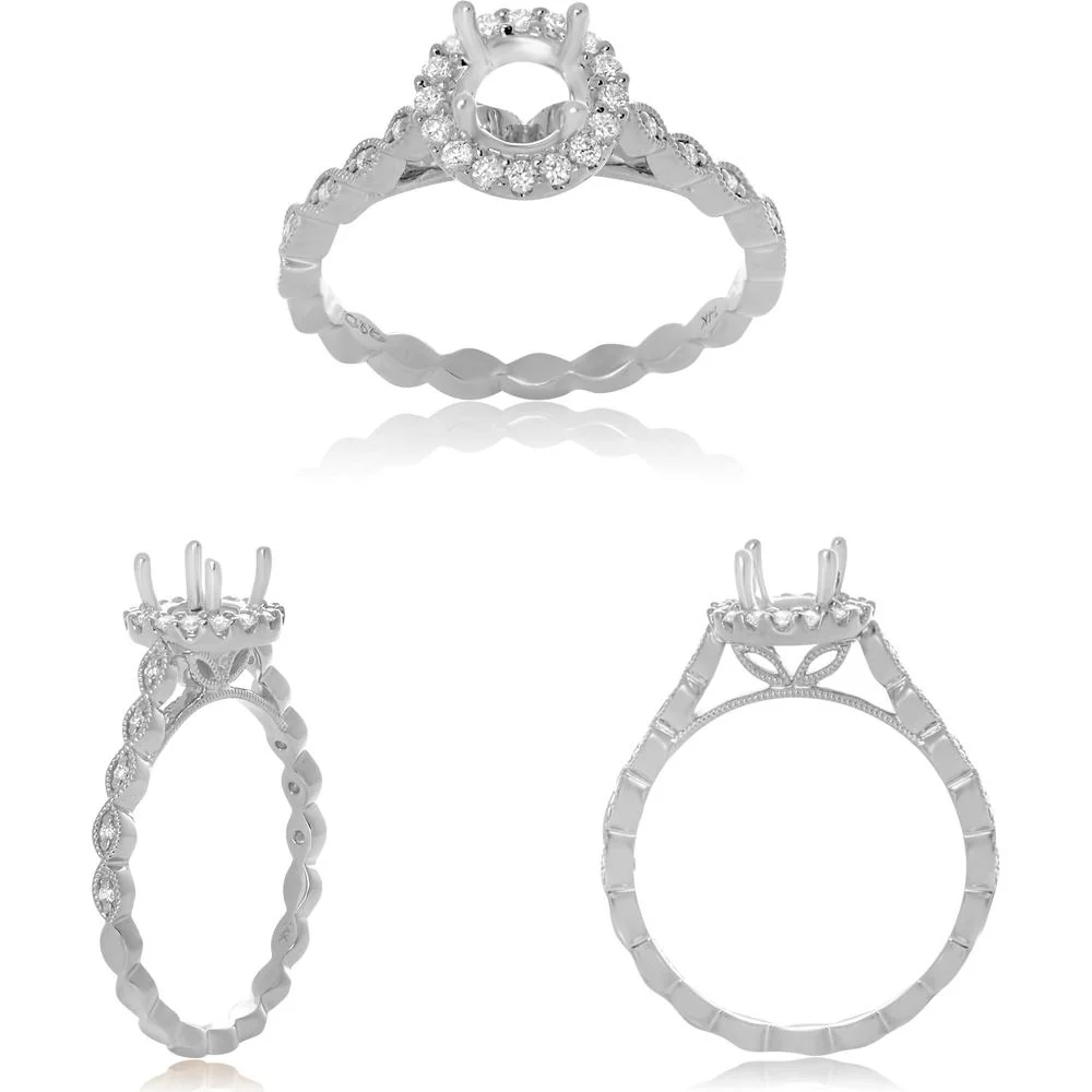 Roman & Jules - 14K White Gold Marquise Band Halo Engagement Setting with 0.17 Carat Round Diamond