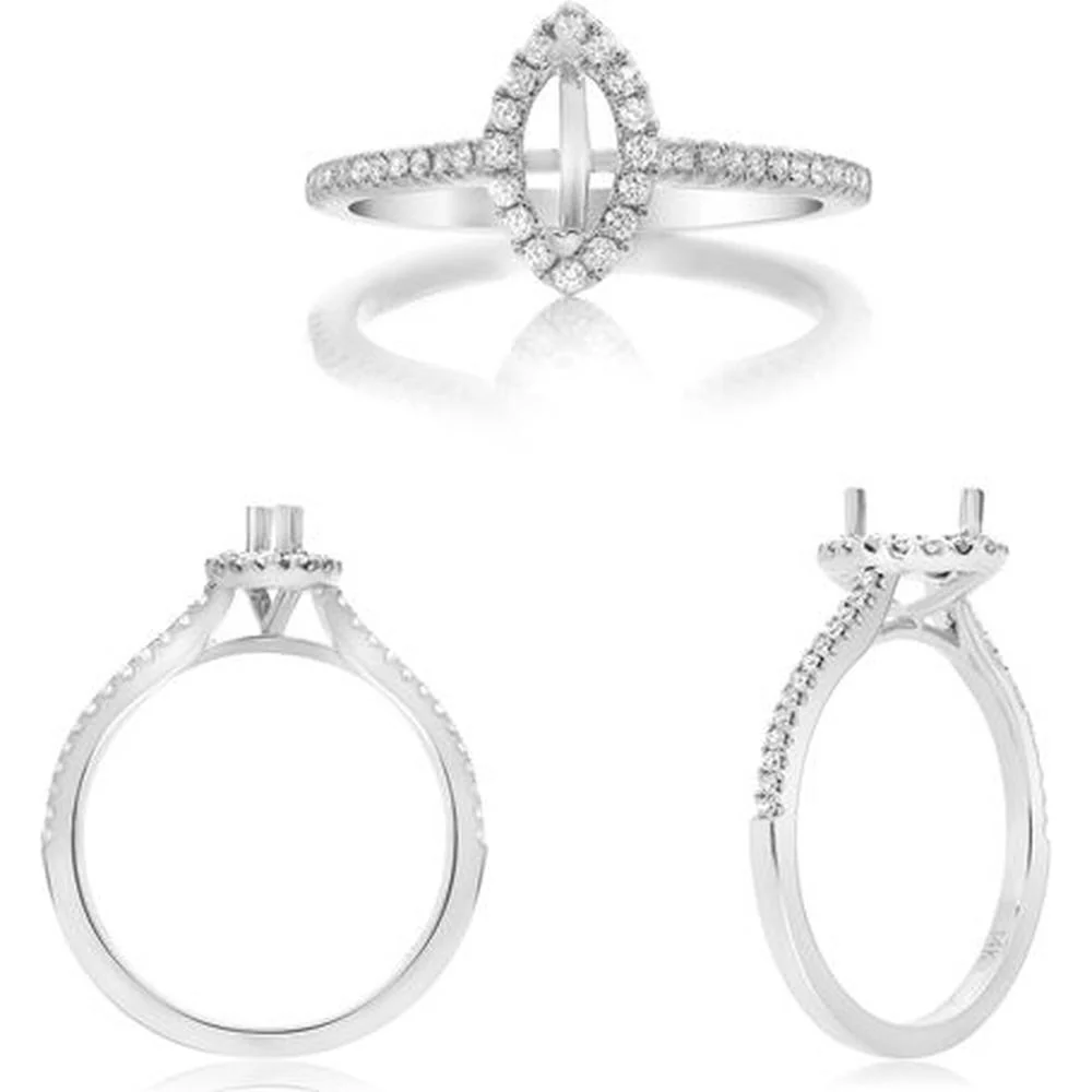 Roman & Jules - 14K White Gold Marquise Diamond Ring with Halo of Round Diamonds - 0.42 Carat Total Diamond Weight