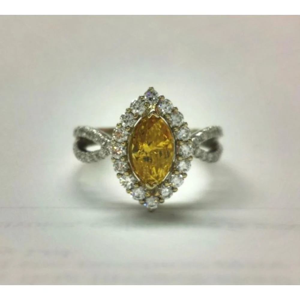 Roman & Jules - 14K White Gold Marquise Fancy Yellow Diamond Halo Ring - 1.00 Carat Total Diamond Weight