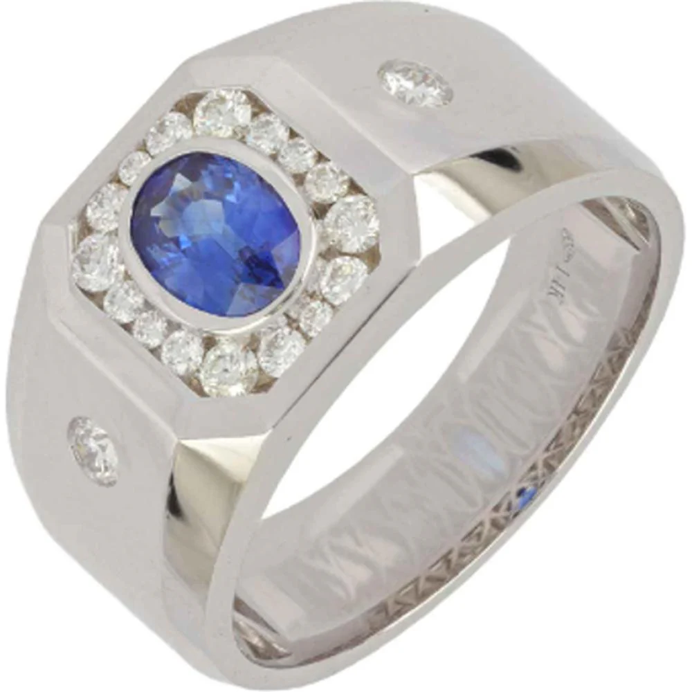 Roman & Jules - 14K White Gold Men's Oval Sapphire Ring with Diamond Halo - 1.34 Carat Total Diamond Weight